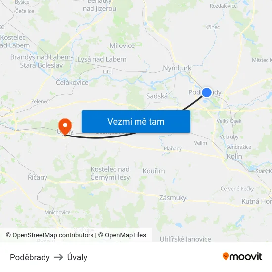 Poděbrady to Úvaly map