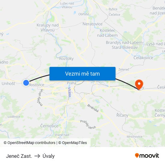 Jeneč Zast. to Úvaly map