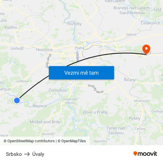 Srbsko to Úvaly map