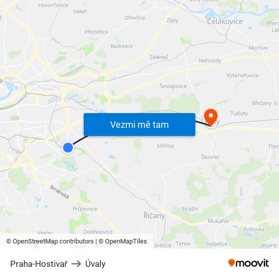 Praha-Hostivař to Úvaly map