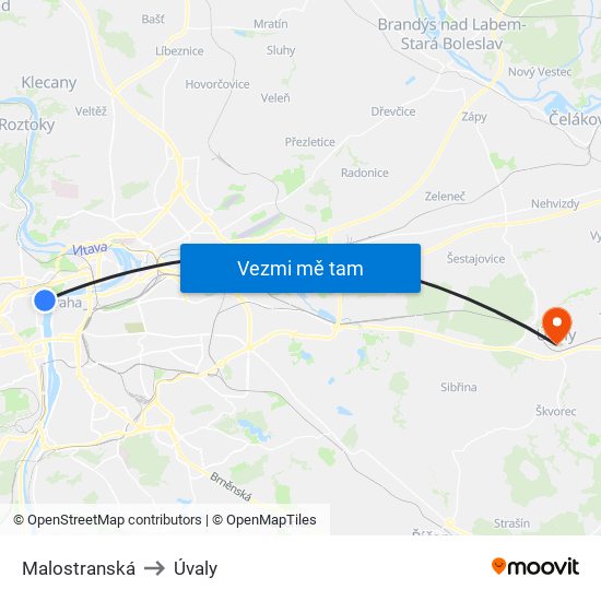 Malostranská to Úvaly map
