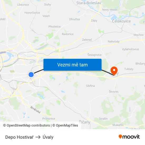 Depo Hostivař to Úvaly map