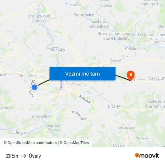 Zličín to Úvaly map