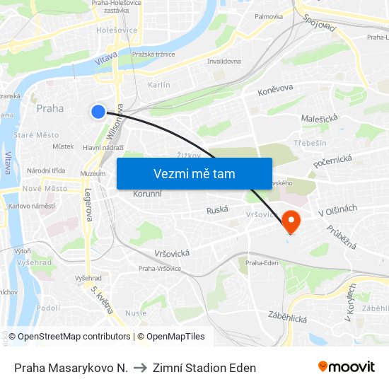Praha Masarykovo N. to Zimní Stadion Eden map