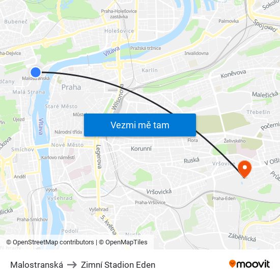 Malostranská to Zimní Stadion Eden map