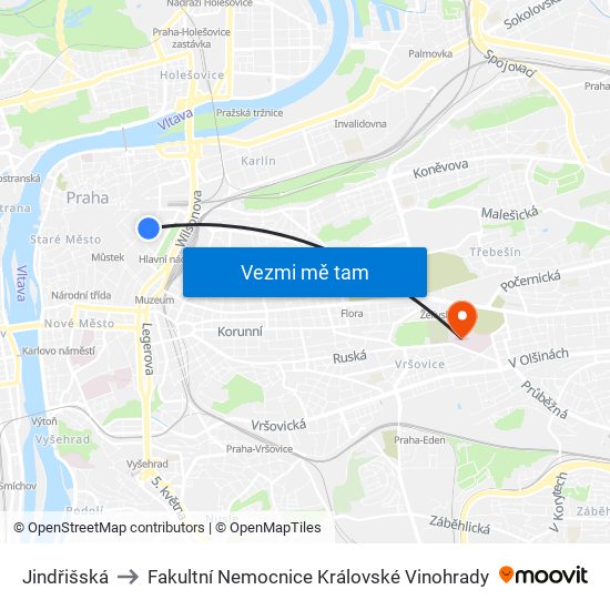 Jindřišská to Fakultní Nemocnice Královské Vinohrady map