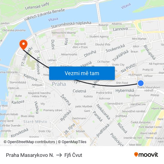 Praha Masarykovo N. to Fjfi Čvut map