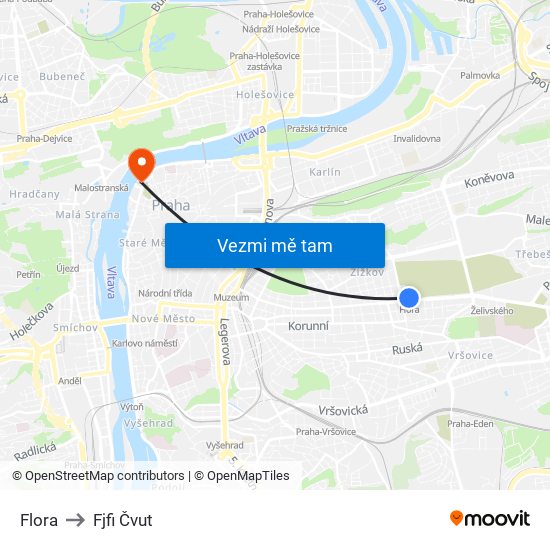 Flora to Fjfi Čvut map