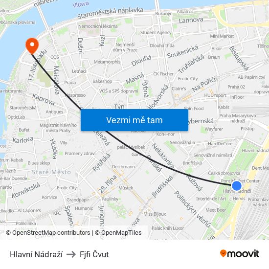 Hlavní Nádraží to Fjfi Čvut map