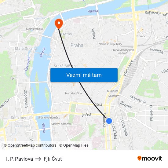 I. P. Pavlova to Fjfi Čvut map
