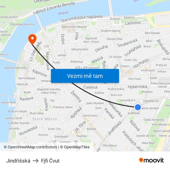 Jindřišská to Fjfi Čvut map