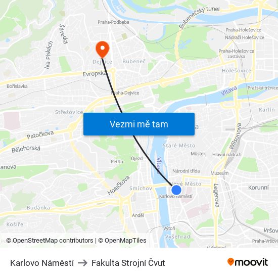 Karlovo Náměstí to Fakulta Strojní Čvut map