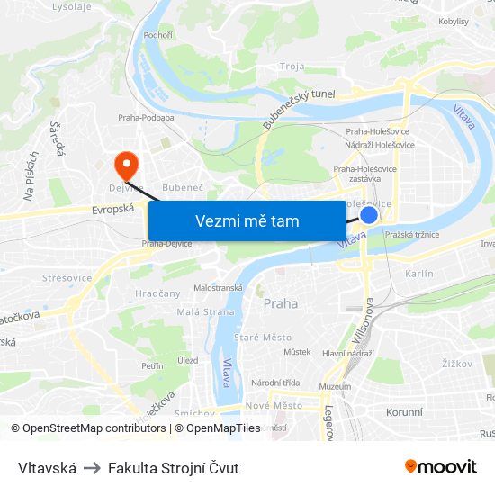 Vltavská to Fakulta Strojní Čvut map