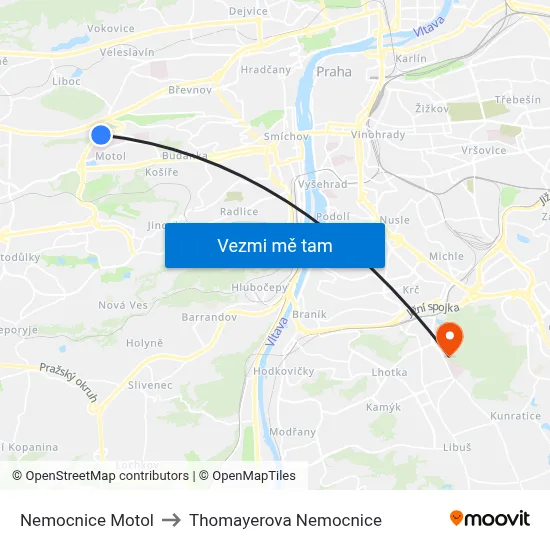 Nemocnice Motol to Thomayerova Nemocnice map