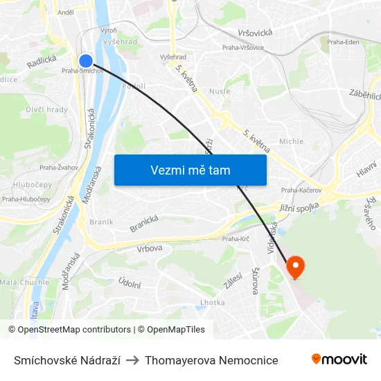 Smíchovské Nádraží to Thomayerova Nemocnice map