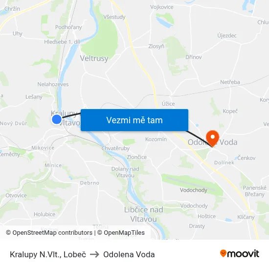 Kralupy N.Vlt., Lobeč to Odolena Voda map