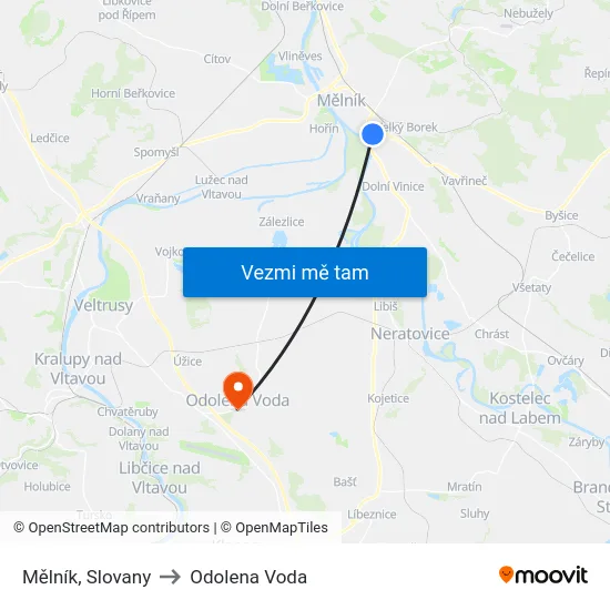 Mělník, Slovany to Odolena Voda map