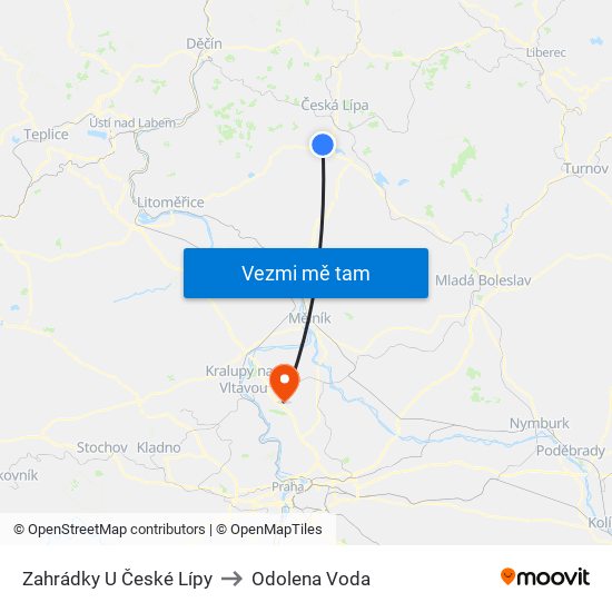 Zahrádky U České Lípy to Odolena Voda map