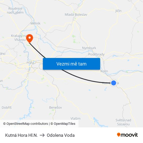 Kutná Hora Hl.N. to Odolena Voda map