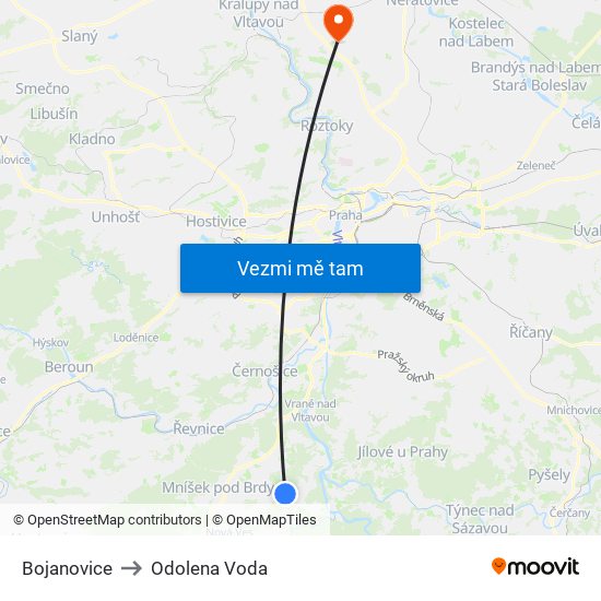 Bojanovice to Odolena Voda map