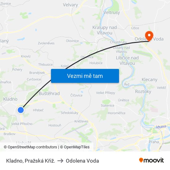 Kladno, Pražská Křiž. (B) to Odolena Voda map