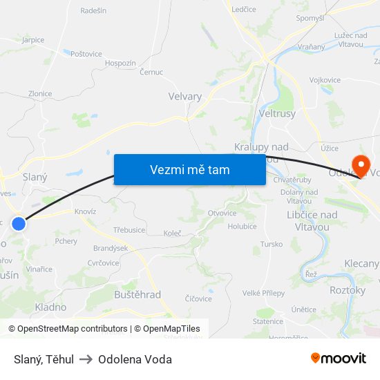 Slaný, Těhul to Odolena Voda map