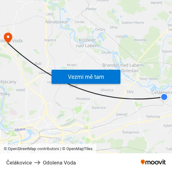 Čelákovice to Odolena Voda map