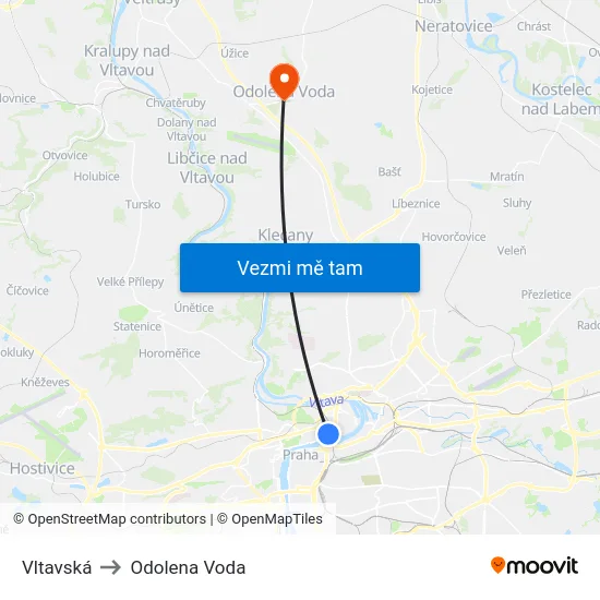 Vltavská to Odolena Voda map