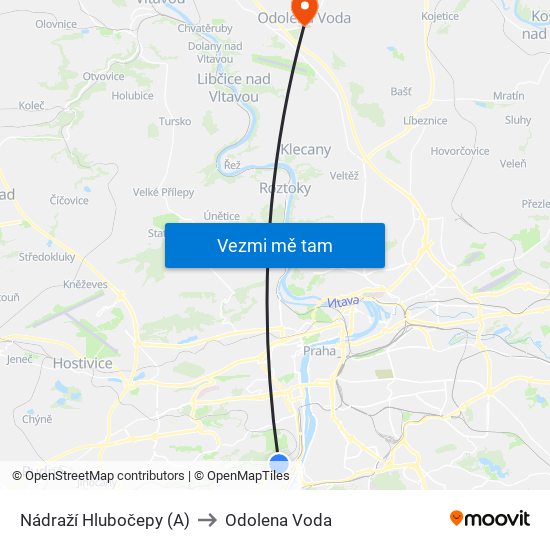 Nádraží Hlubočepy (A) to Odolena Voda map