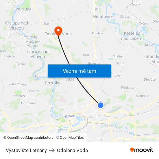 Výstaviště Letňany to Odolena Voda map