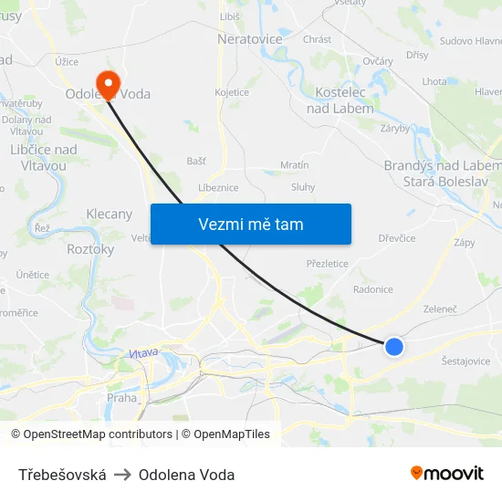 Třebešovská to Odolena Voda map