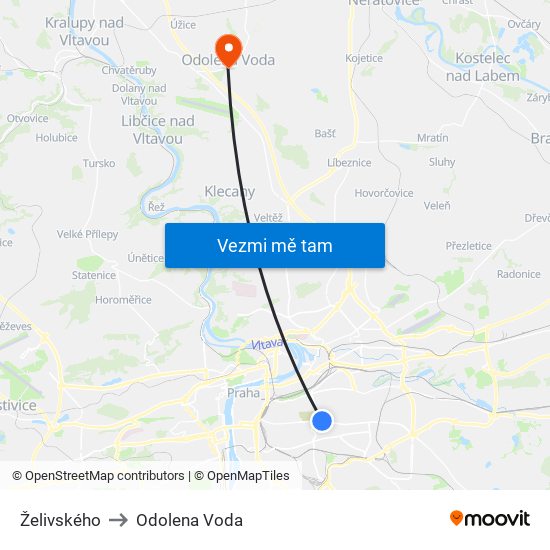 Želivského to Odolena Voda map