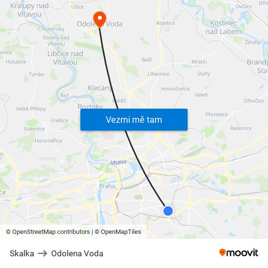 Skalka to Odolena Voda map