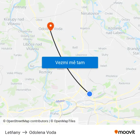 Letňany to Odolena Voda map