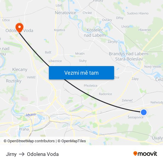 Jirny to Odolena Voda map