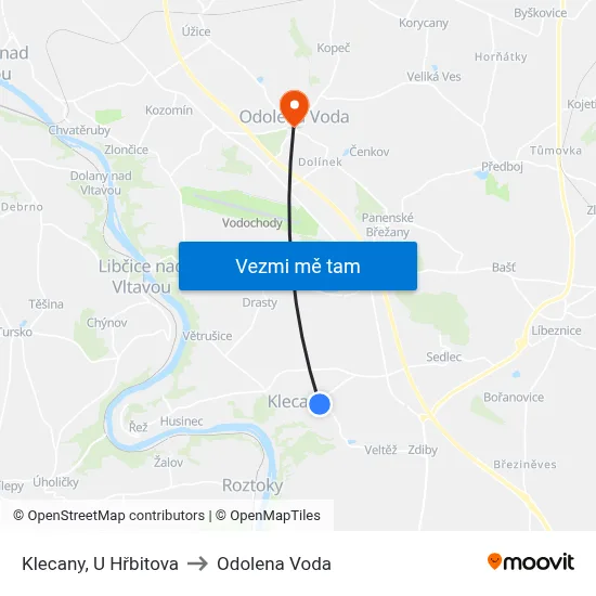 Klecany, U Hřbitova to Odolena Voda map