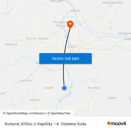 Korkyně, Křížov, U Kapličky to Odolena Voda map