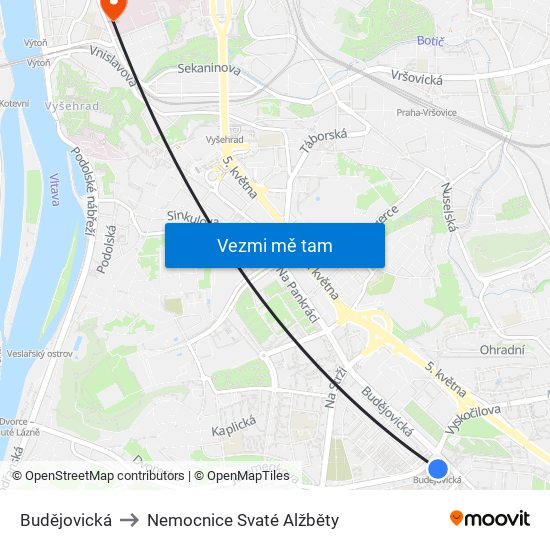 Budějovická to Nemocnice Svaté Alžběty map