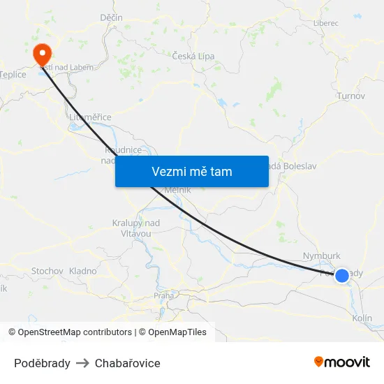 Poděbrady to Chabařovice map