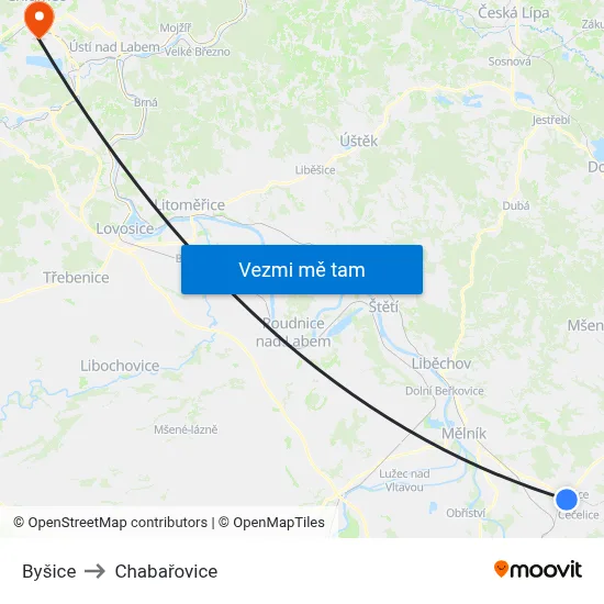 Byšice to Chabařovice map