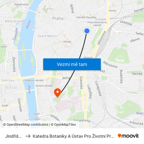 Jindřišská to Katedra Botaniky A Ústav Pro Životní Prostředí map