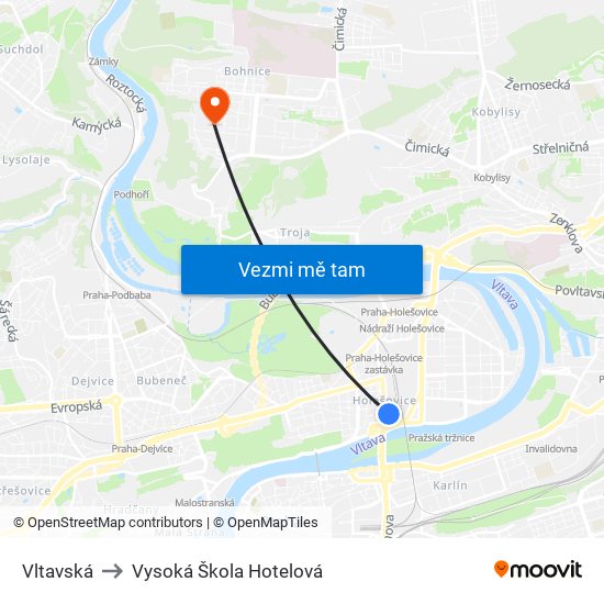 Vltavská to Vysoká Škola Hotelová map