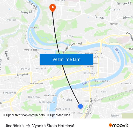 Jindřišská to Vysoká Škola Hotelová map