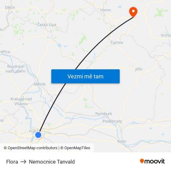 Flora to Nemocnice Tanvald map