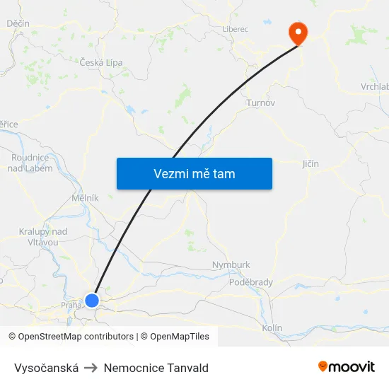 Vysočanská to Nemocnice Tanvald map