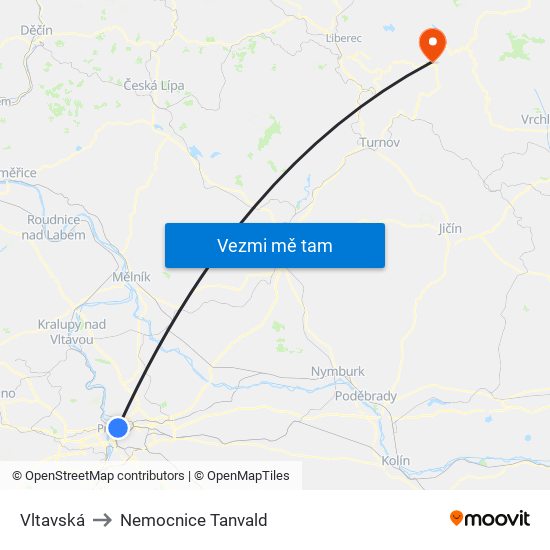 Vltavská to Nemocnice Tanvald map