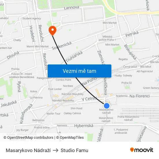 Masarykovo Nádraží to Studio Famu map