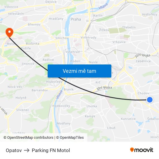 Opatov to Parking FN Motol map