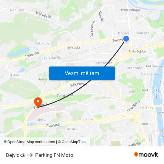 Dejvická to Parking FN Motol map