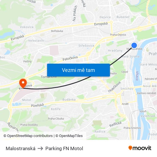 Malostranská to Parking FN Motol map